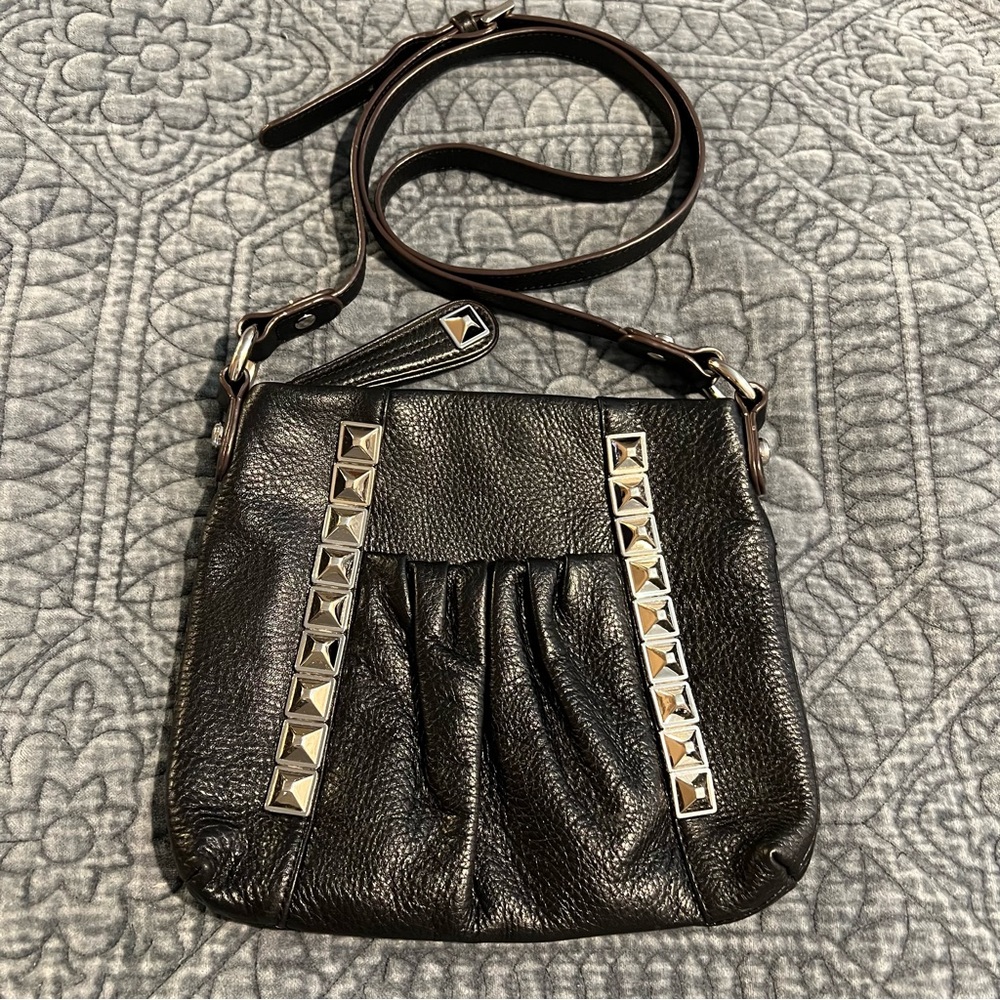 B. Makowski Silver Studded Black Leather Crossbody Bag
